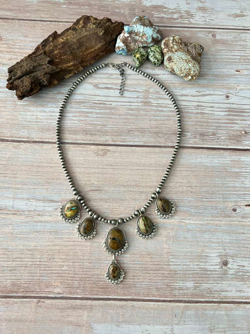 Handmade Sterling Silver Royston Ribbon Turquoise Beaded Necklace with Signed Nizhoni