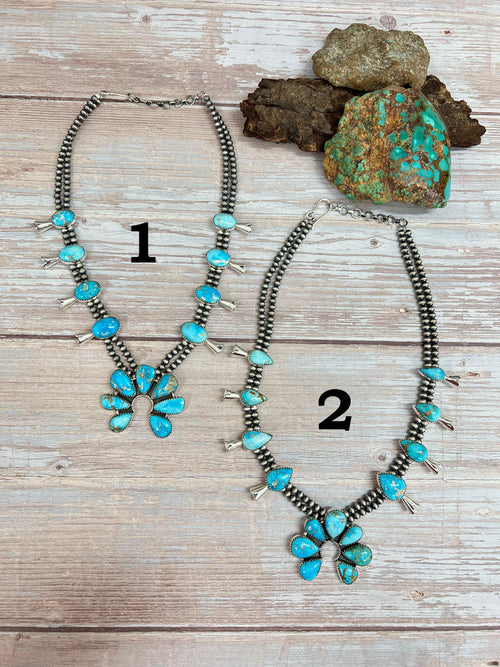 Handmade Sterling Silver White Water Turquoise Beaded Squash Blossom Necklace with Signed Nizhoni
