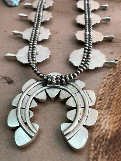 Handmade Sterling Silver Mantis Turquoise Beaded Squash Blossom Naja Necklace with Signed Nizhoni