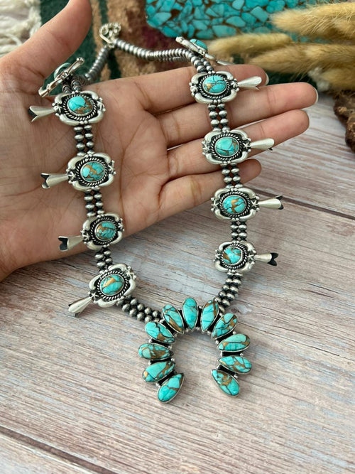 Handmade Sterling Silver Mint Dahlia Collection: Squash Blossom Beaded Necklace "Signed Nizhoni"