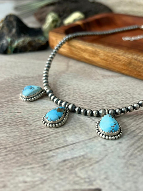 Handmade Sterling Silver Golden Hills Turquoise Beaded Necklace "Signed Nizhoni"