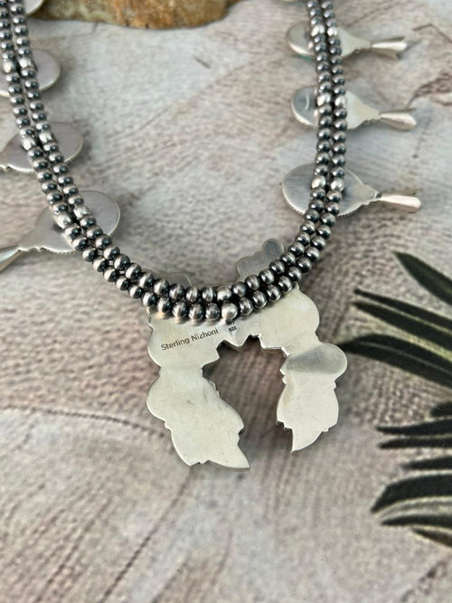 Handmade Sterling Silver Santa Maria Turquoise Squash Blossom Beaded Necklace "Signed Nizhoni"