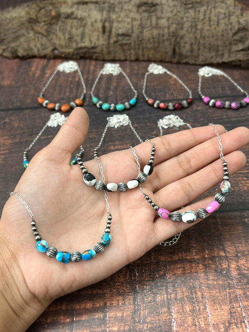 Handmade Sterling Silver Beaded Multi Stone Necklace "Signed Nizhoni"