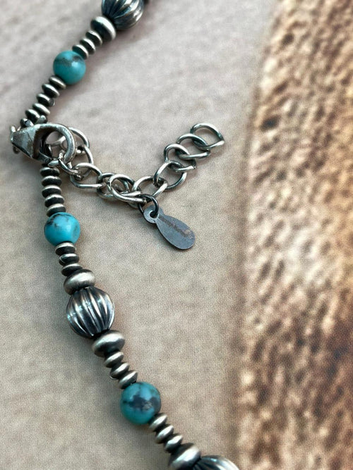 Handmade Sterling Silver Kingman Turquoise Beaded Necklace with Signed Nizhoni