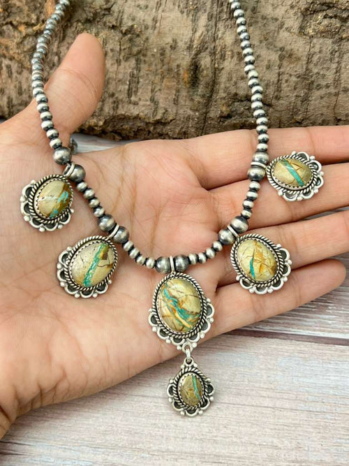 Handmade Sterling Silver Royston Ribbon Turquoise Beaded Necklace with Signed Nizhoni