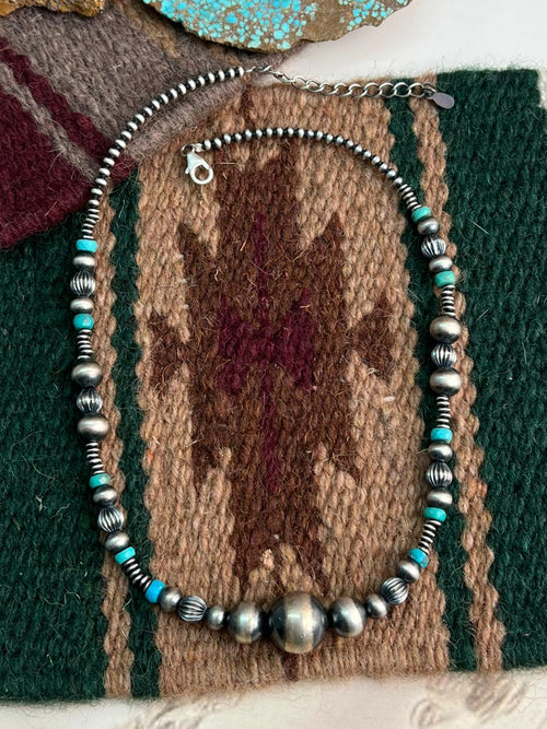 Handmade Sterling Silver Beaded Kingman Turquoise Necklace