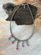 Handmade Sterling Silver Cotton Candy Beaded Heart Necklace "Signed Nizhoni"