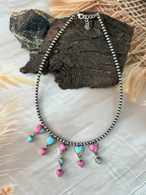 Handmade Sterling Silver Cotton Candy Beaded Heart Necklace "Signed Nizhoni"