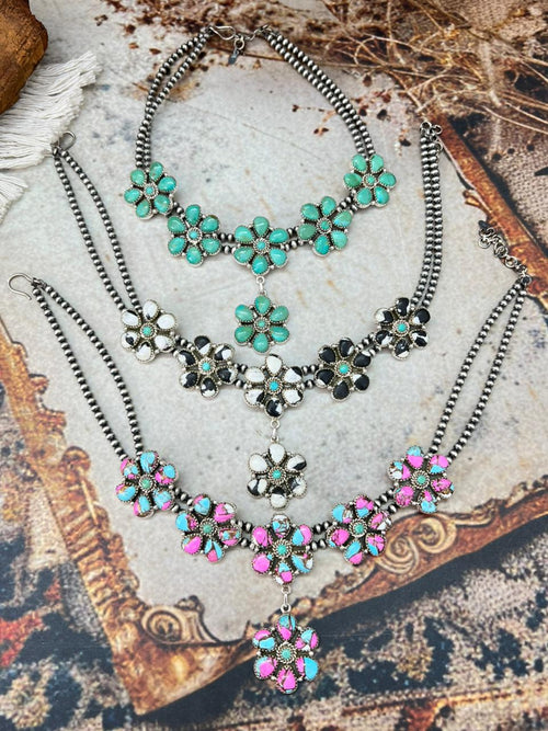 Handmade Sterling Silver Beaded Multi Stone Necklace "Signed Nizhoni"