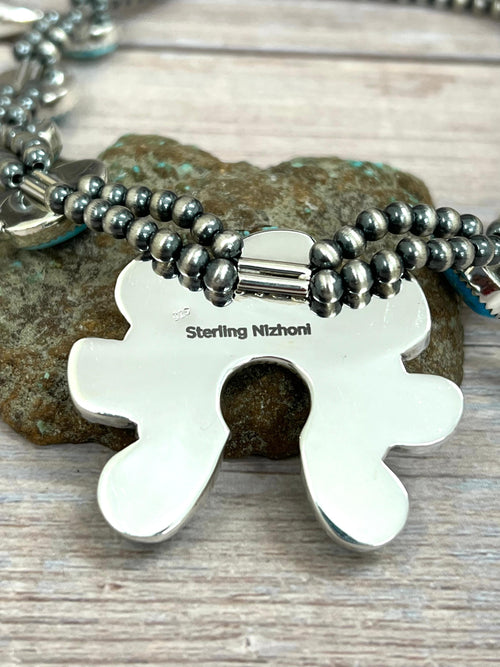 Handmade Sterling Silver White Water Turquoise Beaded Squash Blossom Necklace with Signed Nizhoni