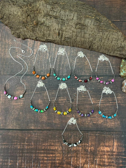 Handmade Sterling Silver Beaded Multi Stone Necklace "Signed Nizhoni"