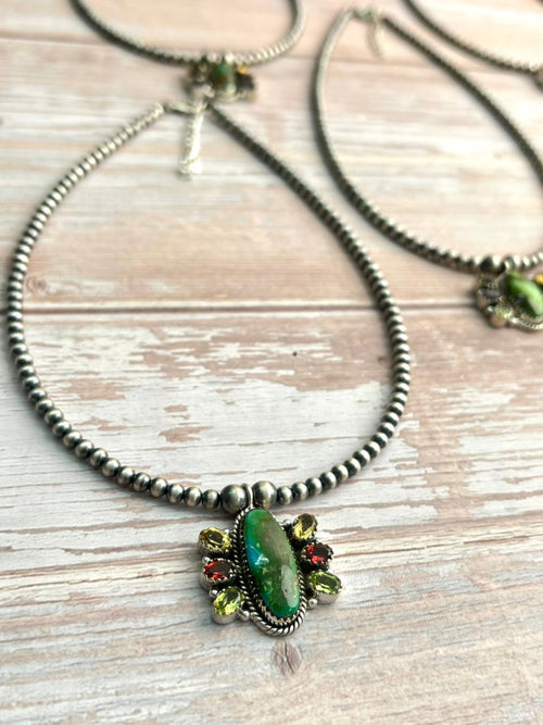 Handmade Sterling Silver Beaded Sonoran with Cut Stone Necklace "Signed Nizhoni"