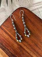 Handmade Sterling Silver Hook Dangle Gold Shiny Beaded Earrings