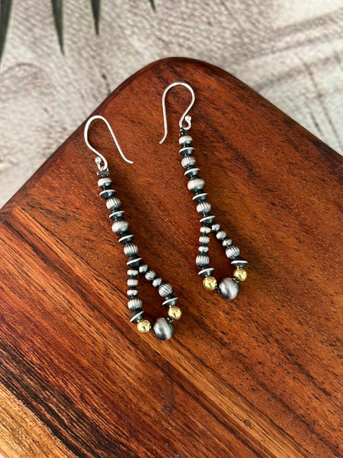 Handmade Sterling Silver Hook Dangle Gold Shiny Beaded Earrings