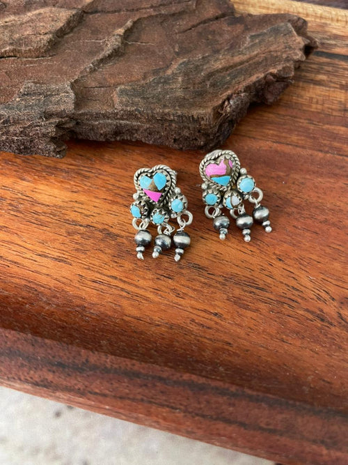Handmade Sterling Silver Cotton Candy Post Beaded Earrings "Signed Nizhoni"
