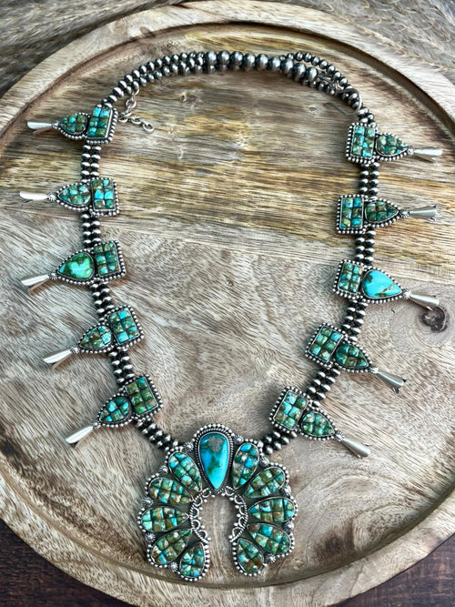 Handmade Sterling Silver Sonoran Cobble Collection: Sonoran Mountain Turquoise Squash Blossom Beaded Necklace "Signed Nizhoni"