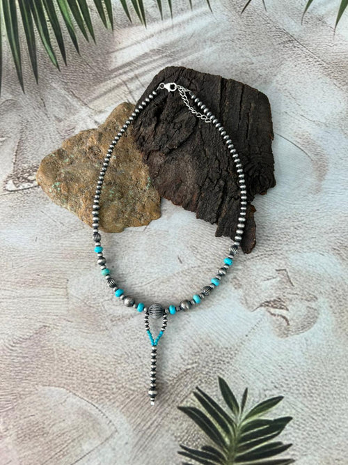 Handmade Sterling Silver Kingman Turquoise Beaded Necklace "Signed Nizhoni"