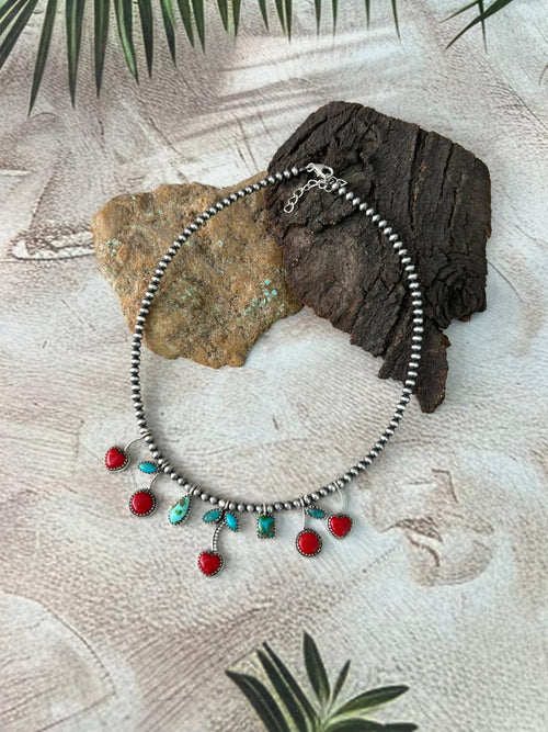 Handmade Sterling Silver Rosarita with Sonoran and Kingman Turquoise Beaded Necklace "Signed Nizhoni"