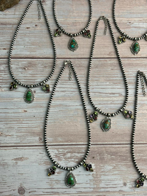 Handmade Sterling Silver Beaded Sonoran with Cut Stone Necklace "Signed Nizhoni"