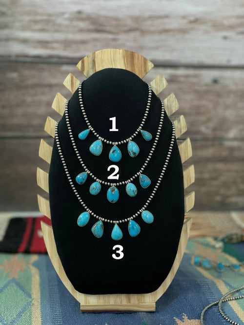 Handmade Sterling Silver Blue Kingman Turquoise Beaded Necklace "Signed Nizhoni"