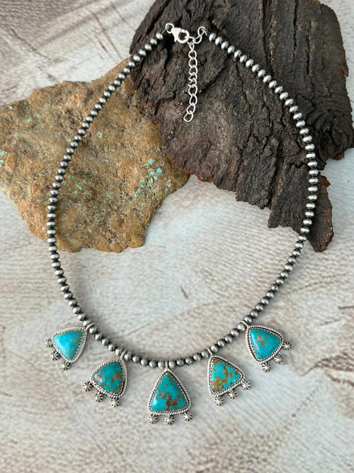 Handmade Sterling Silver Santa Maria Turquoise Beaded Necklace "Signed Nizhoni"
