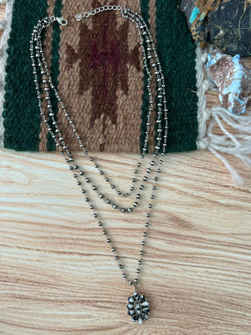 Handmade Sterling Silver White Buffalo Beaded Layerd Necklace "Signed Nizhoni"