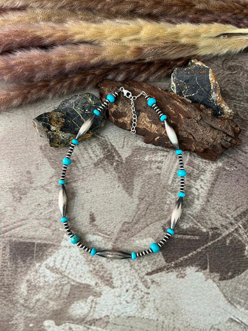 Handmade Sterling Silver Kingman Turquoise Beaded Necklace "Signed Nizhoni"