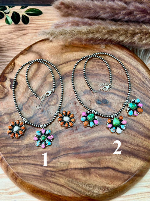 Handmade Sterling Silver Spring Collection: Sonoran Mountain with Orange Mojave, Cotton Candy and White Buffalo Beaded Necklace "Signed Nizhoni"
