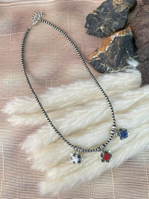 Handmade Sterling Silver 4th Of July Collection: Rosarita with Lapis and White Buffalo Star Beaded Necklace "Signed Nizhoni"