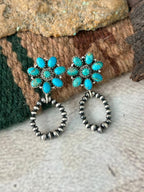 Handmade Sterling Silver Kingman Turquoise Post Dangle Beaded Hoop Earrings "Signed Nizhoni"