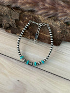 Handmade Sterling Silver Kingman Turquoise Beaded Chain Bracelet Signed Nizhoni
