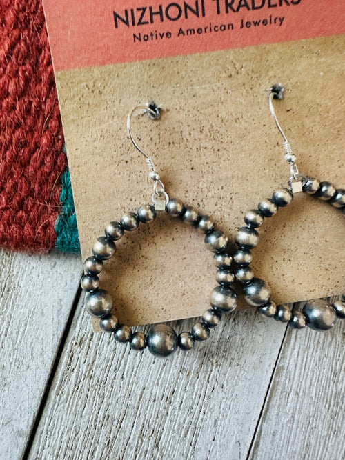 Navajo Sterling Silver Pearl Beaded Dangle Hoop Earrings