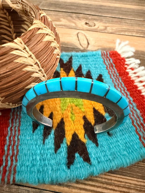Handcrafted Old Pawn Sterling Silver & Turquoise Raised Inlay Cuff Bracelet