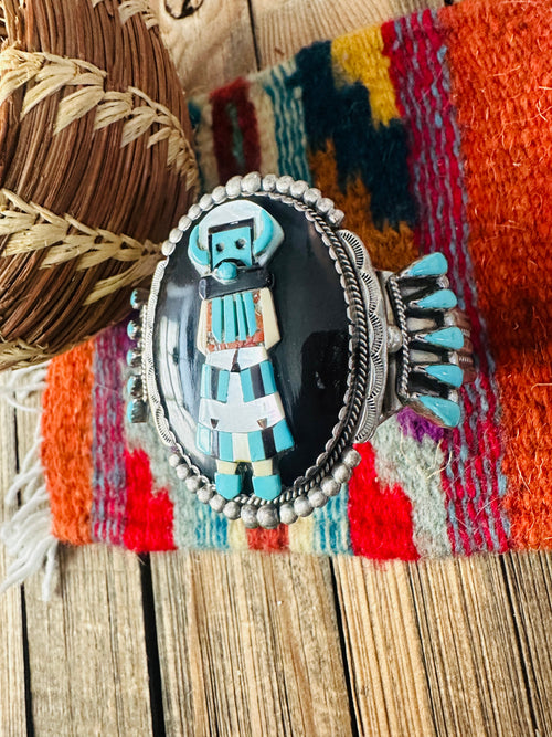 Handcrafted Old Pawn Sterling Silver & Multi Stone Inlay Kachina Cuff Bracelet