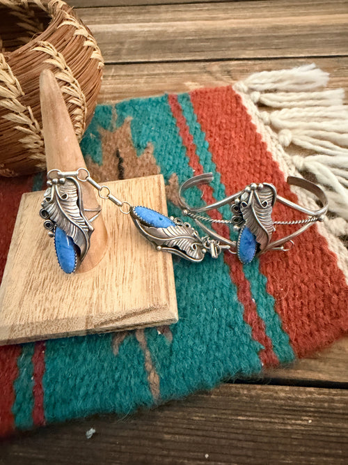 Handcrafted Old Pawn Lapis & Sterling Silver Cuff Bracelet with Hand Chain