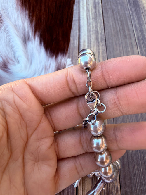 Handmade Sterling Silver and Golden Hills Turquoise Beaded Squash Blossom Necklace "Signed Nizhoni"
