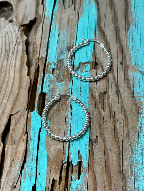 Beaded Hoops Sterling Silver  1 1/8”
