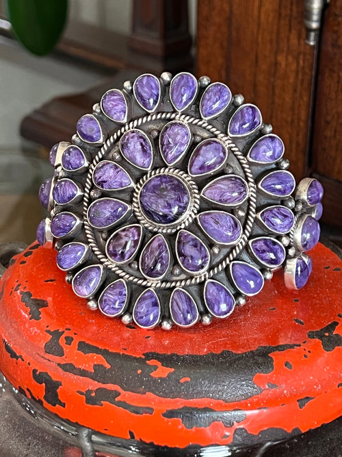Navajo Sterling Silver and Charoite Cluster Cuff Bracelet by Tyler Brown