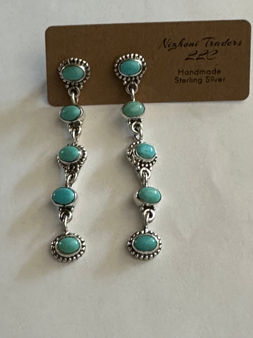 Handmade Kingman Turquoise And Sterling Silver  5 Stone Dangle Earrings