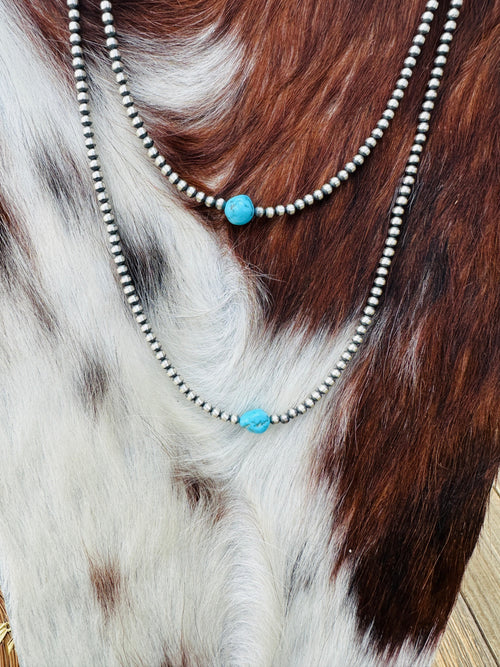 Handcrafted Turquoise & Sterling Silver Pearl 3mm Beaded Necklace