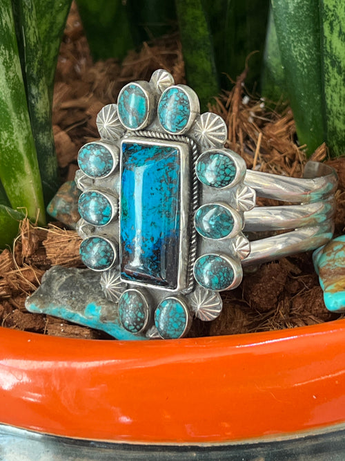 Apache Sterling Silver, Hubei Turquoise and Chrysocolla Azurite Cuff Bracelet by Rosella Paxson
