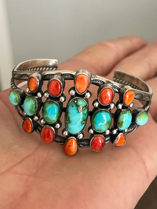 Navajo Hand Stamped Sterling Silver, Sonoran Turquoise and Spiny Oyster Shell Cluster Cuff Bracelet by Diane Wylie