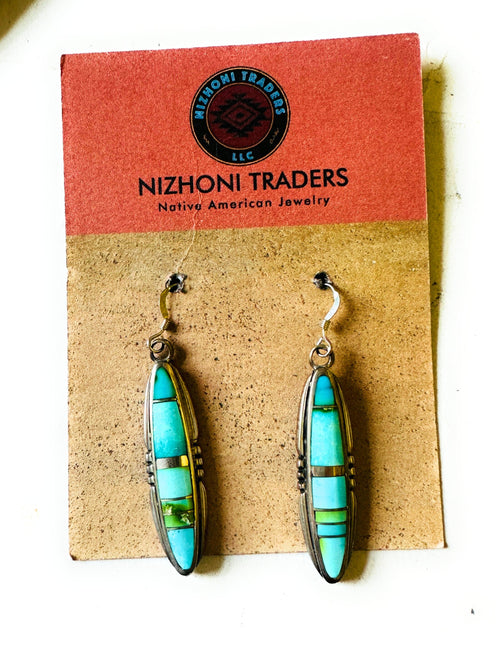 Navajo Sonoran Mountain Turquoise And Sterling Silver Inlay Dangle Earrings