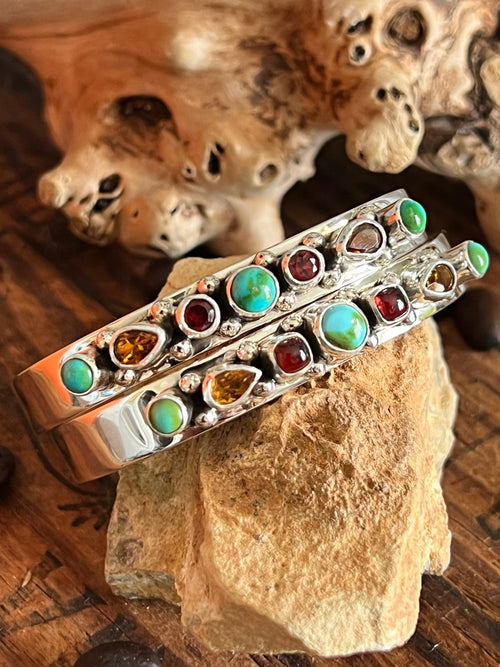 Navajo Made Sterling Silver Gems & Jewels Stacker Cuffs Bracelet by Lucy Jake, Narrow