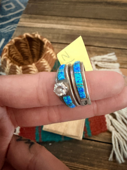 Old Pawn Handcrafted Opal, CZ & Sterling Silver Inlay Ring Set Size 7.25