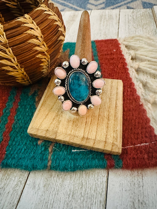 Navajo Sterling Silver, Queen Pink Conch & Turquoise Cluster Adjustable Ring