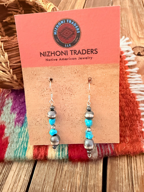 Handcrafted Turquoise & Sterling Silver Pearl Beaded Dangle Earrings