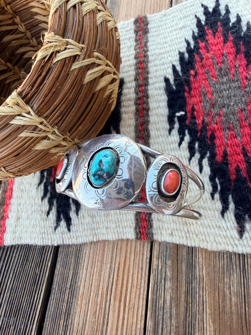 Handcrafted Old Pawn Sterling Silver, Turquoise & Coral Cuff Bracelet