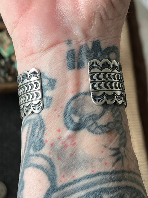 Navajo Hand Stamped Sterling Silver and Royston Turquoise Cuff Bracelet by Diane Wylie