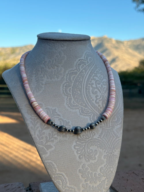 Handmade Pink Conch & Sterling Silver Beaded Necklace 18”-20” inch